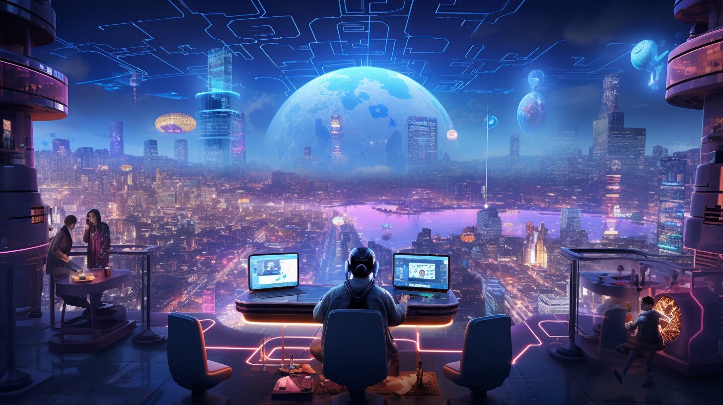 Vibrant illustration of gaming startup team launching custom blockchain rollup on no-code dashboard with blockchain elements and game characters for Rollup-as-a-Service