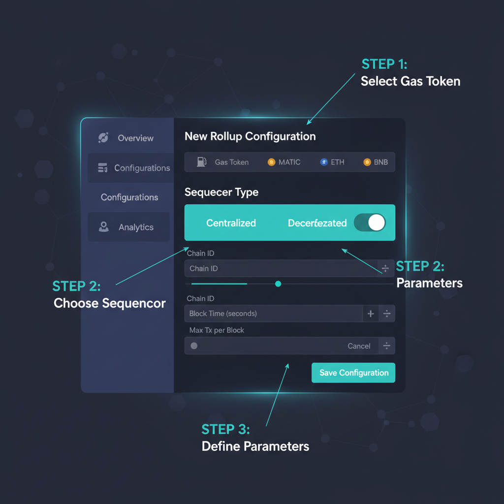 Abstract RaaS config panel with gas token dropdown, sequencer toggle, simple parameters form, dark mode UI