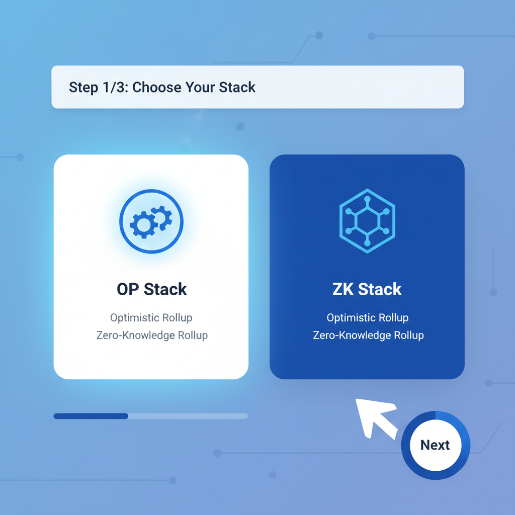 clean no-code dashboard interface selecting OP Stack or ZK Stack options for blockchain rollup deployment, futuristic UI, blue tones