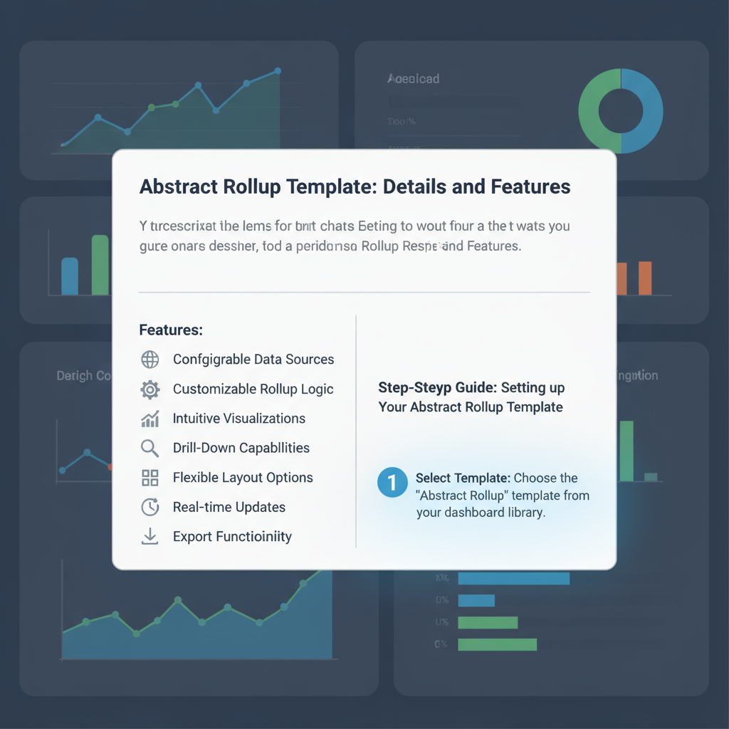 popup details for Abstract Rollup template on dashboard, bullet points of features, professional web design