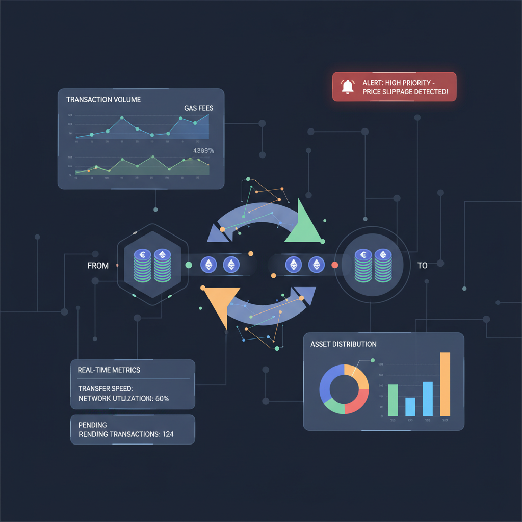 Abstract bridge interface transferring ETH with monitoring charts, real-time metrics dashboard, graphs and alerts