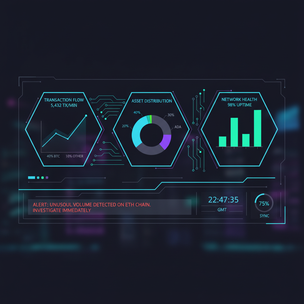 monitoring dashboard with blockchain analytics, charts and alerts, dark mode cyberpunk