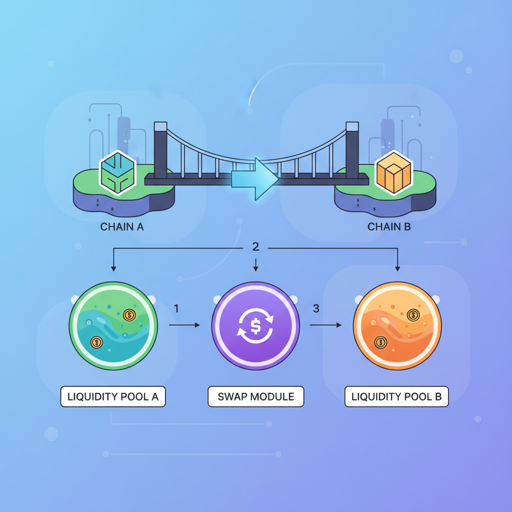 cross-chain bridge interface with DeFi modules, liquidity pools glowing