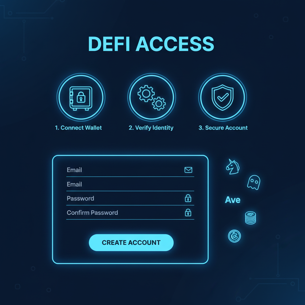 sleek blockchain dashboard signup screen, futuristic blue neon UI, DeFi icons