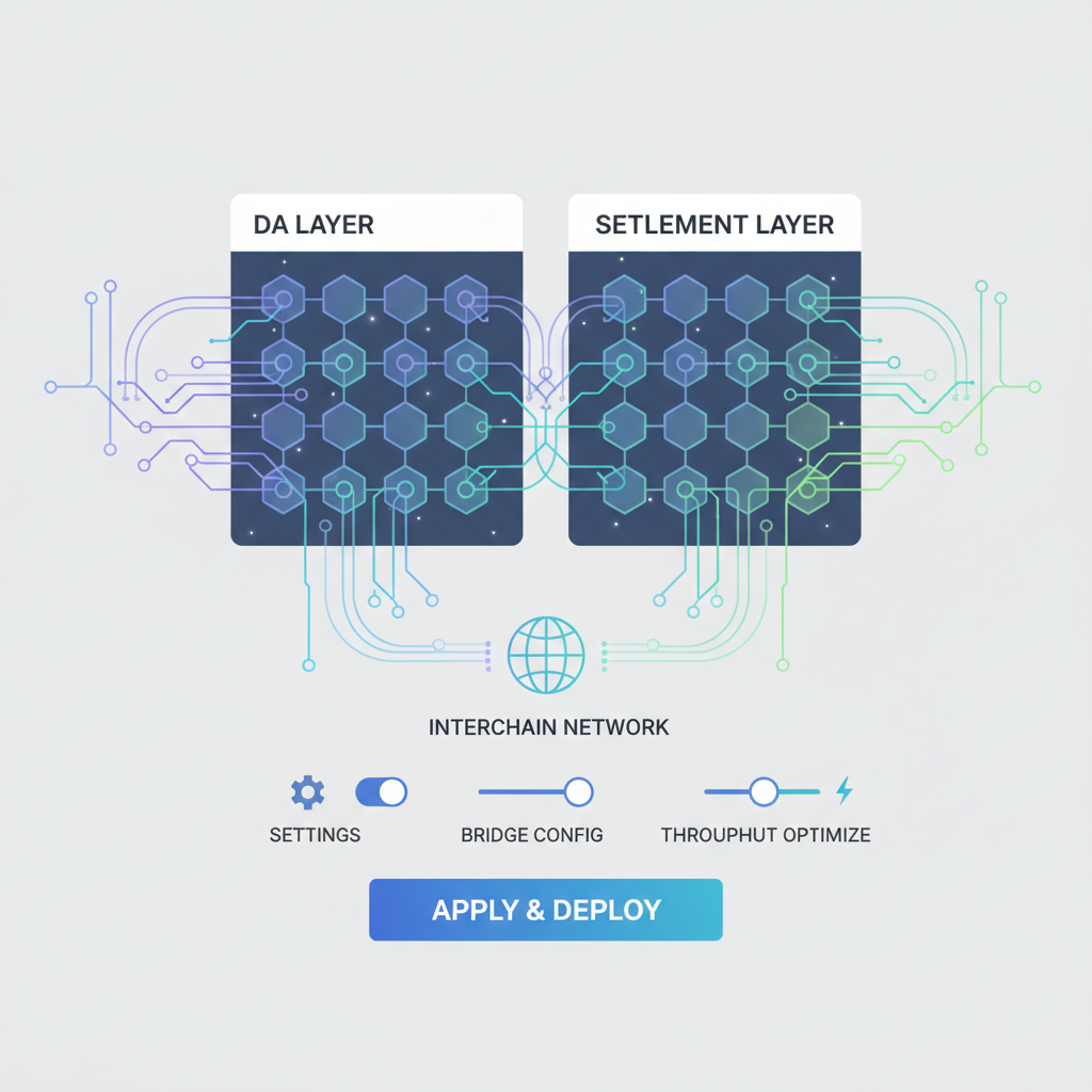 configuration panel for DA and settlement layers, interconnected blockchain nodes, ethereal data flows