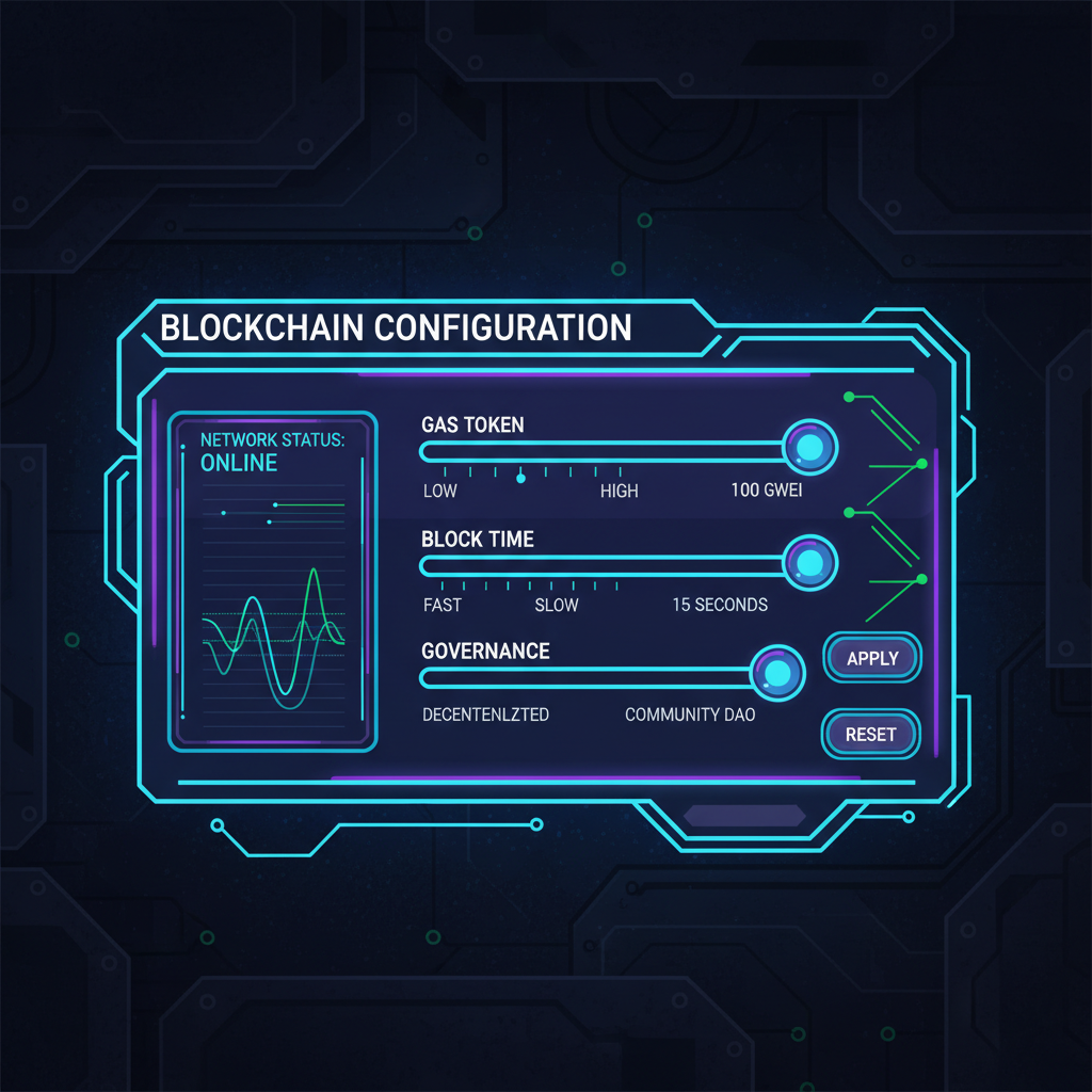 blockchain config panel with sliders for gas token block time governance, cyberpunk style