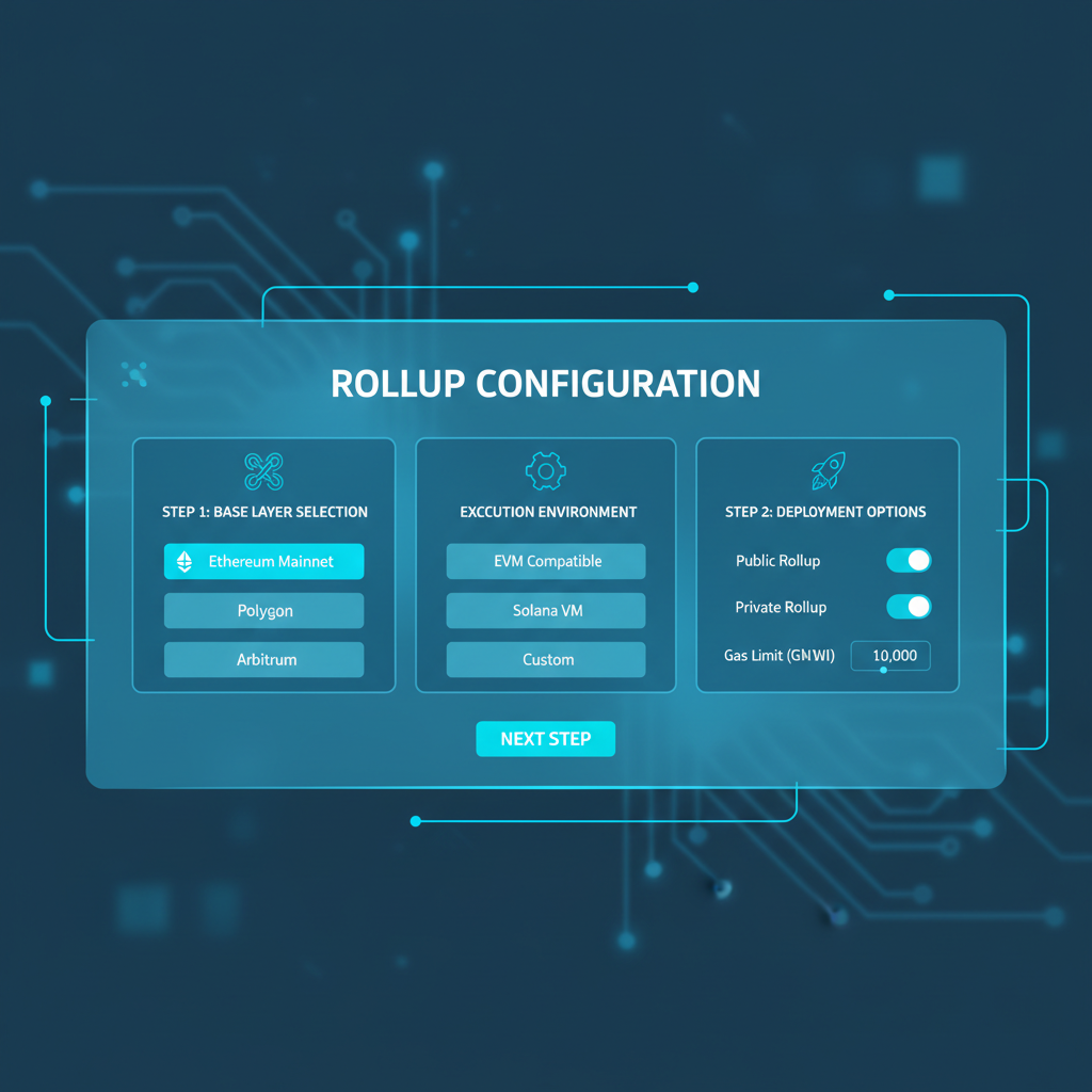 clean blockchain dashboard interface showing rollup configuration panels, futuristic UI, blue tones, high tech
