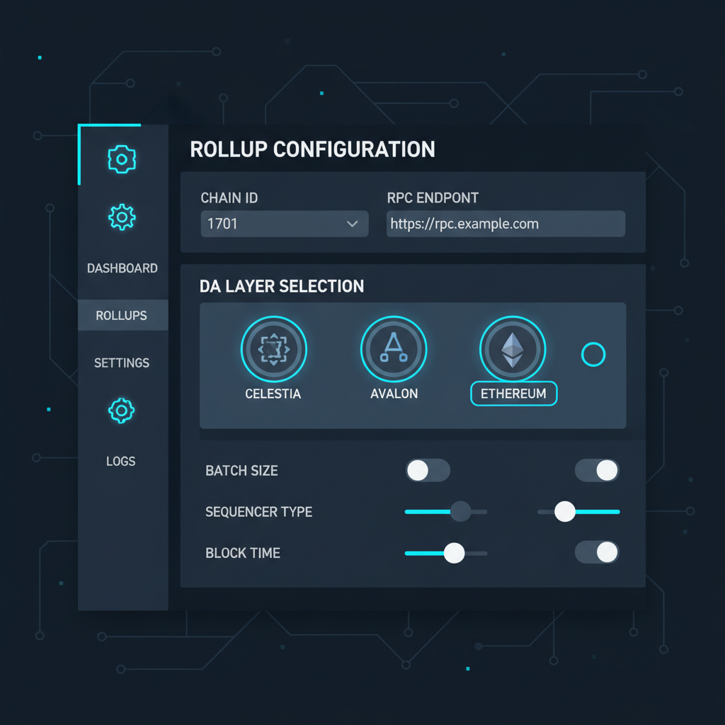 configuring blockchain rollup settings chain ID RPC DA layer selection interface, technical dashboard dark mode --ar 16:9