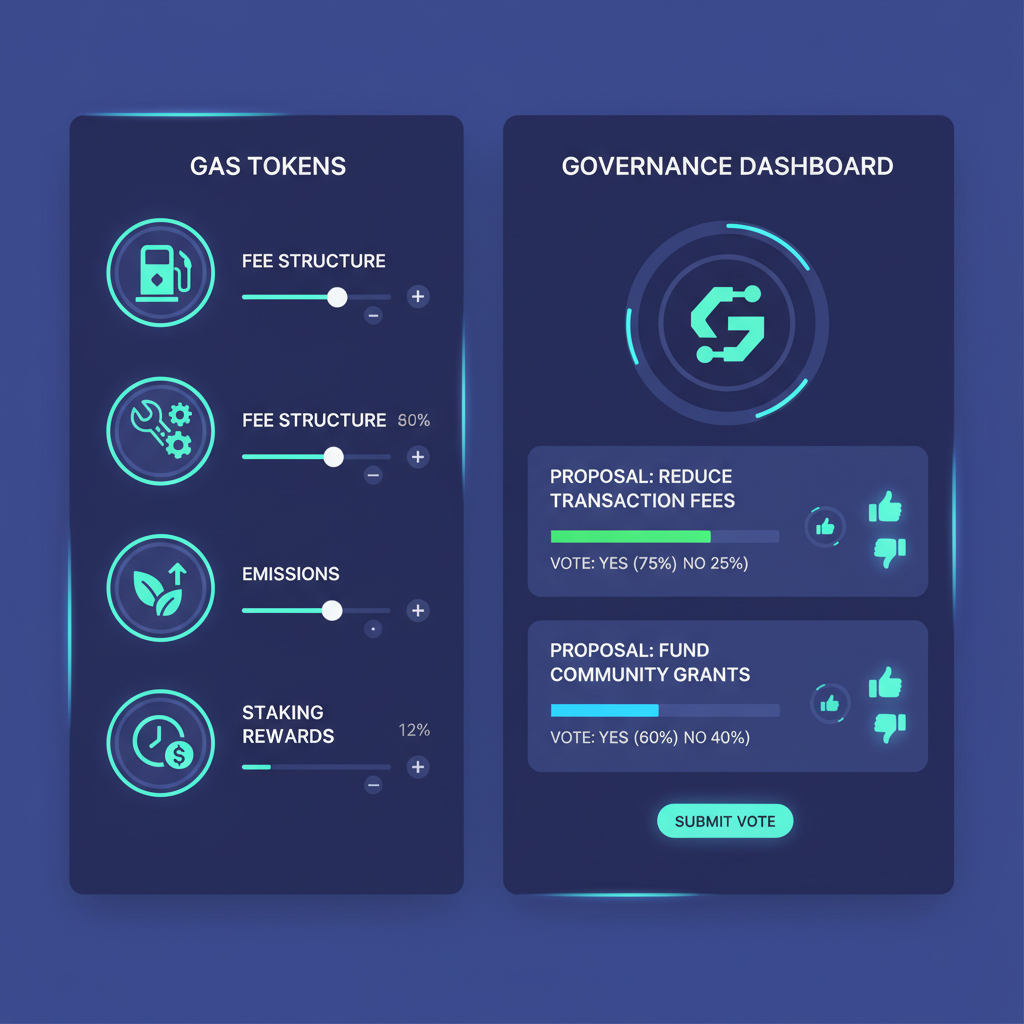 customizing gas tokens and governance dashboard, crypto icons and voting panels, modern blockchain UI, glowing elements