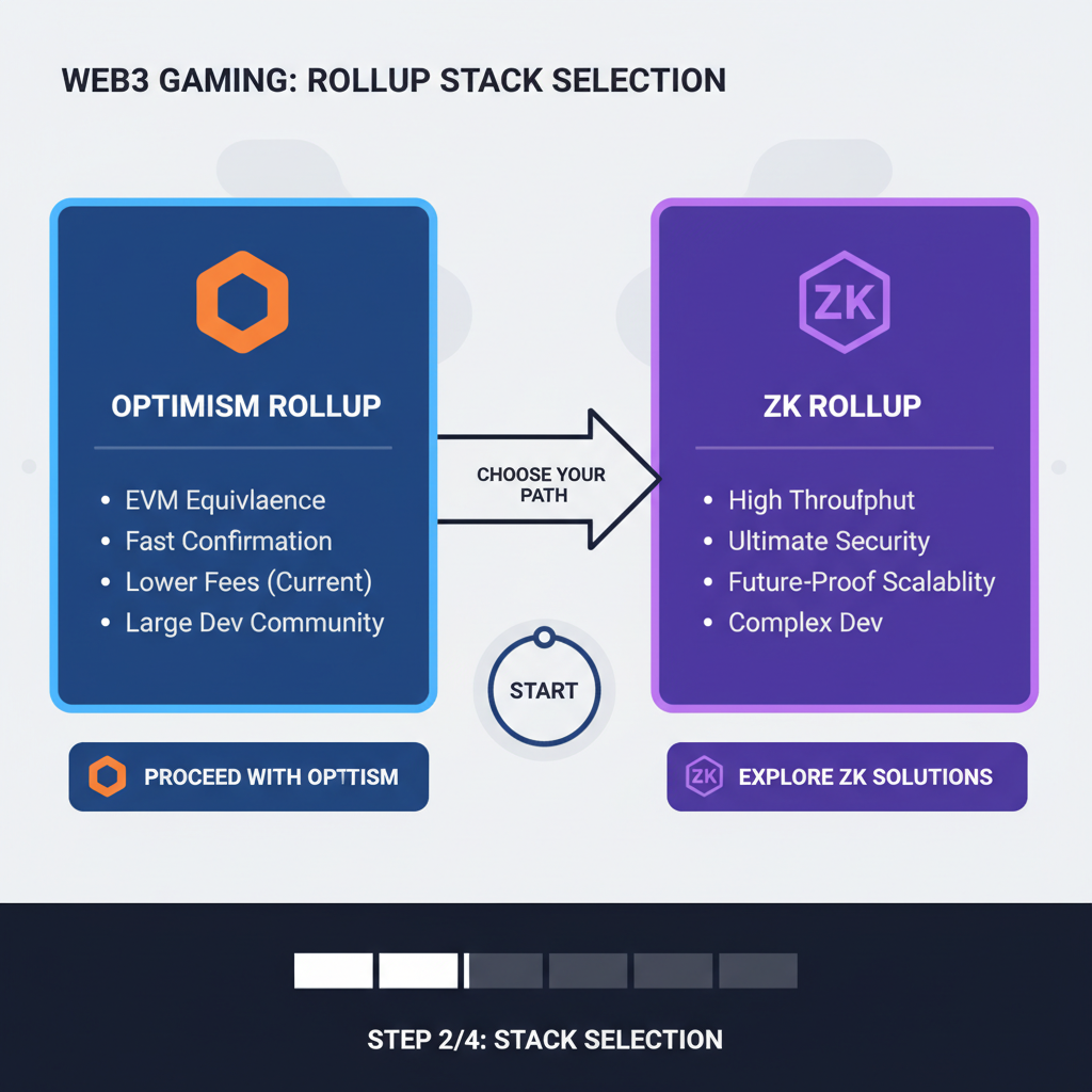 sleek dashboard selecting Optimism vs ZK rollup stack for Web3 gaming