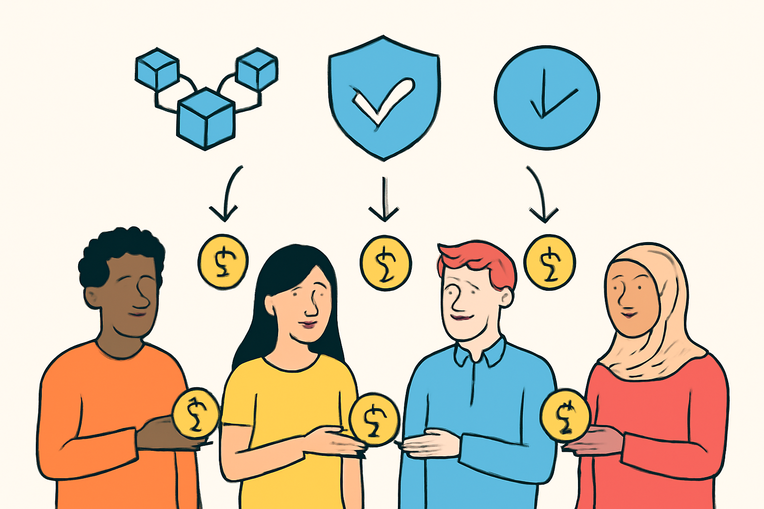 A group of diverse users receiving equal rewards from a blockchain, with a shield icon representing censorship resistance.