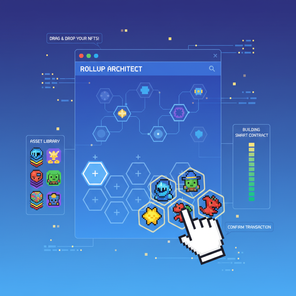drag-drop colorful NFTs game characters into blockchain rollup builder, pixel art gaming theme