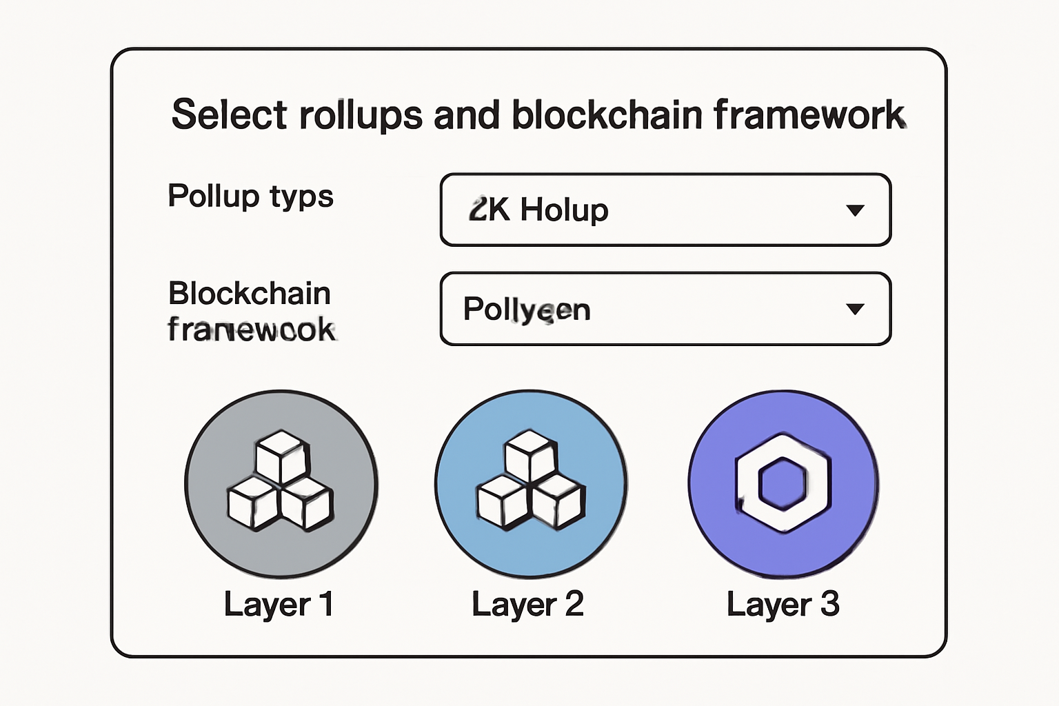 A simple interface with dropdown menus for selecting rollup type and blockchain framework, with icons representing different blockchain layers.