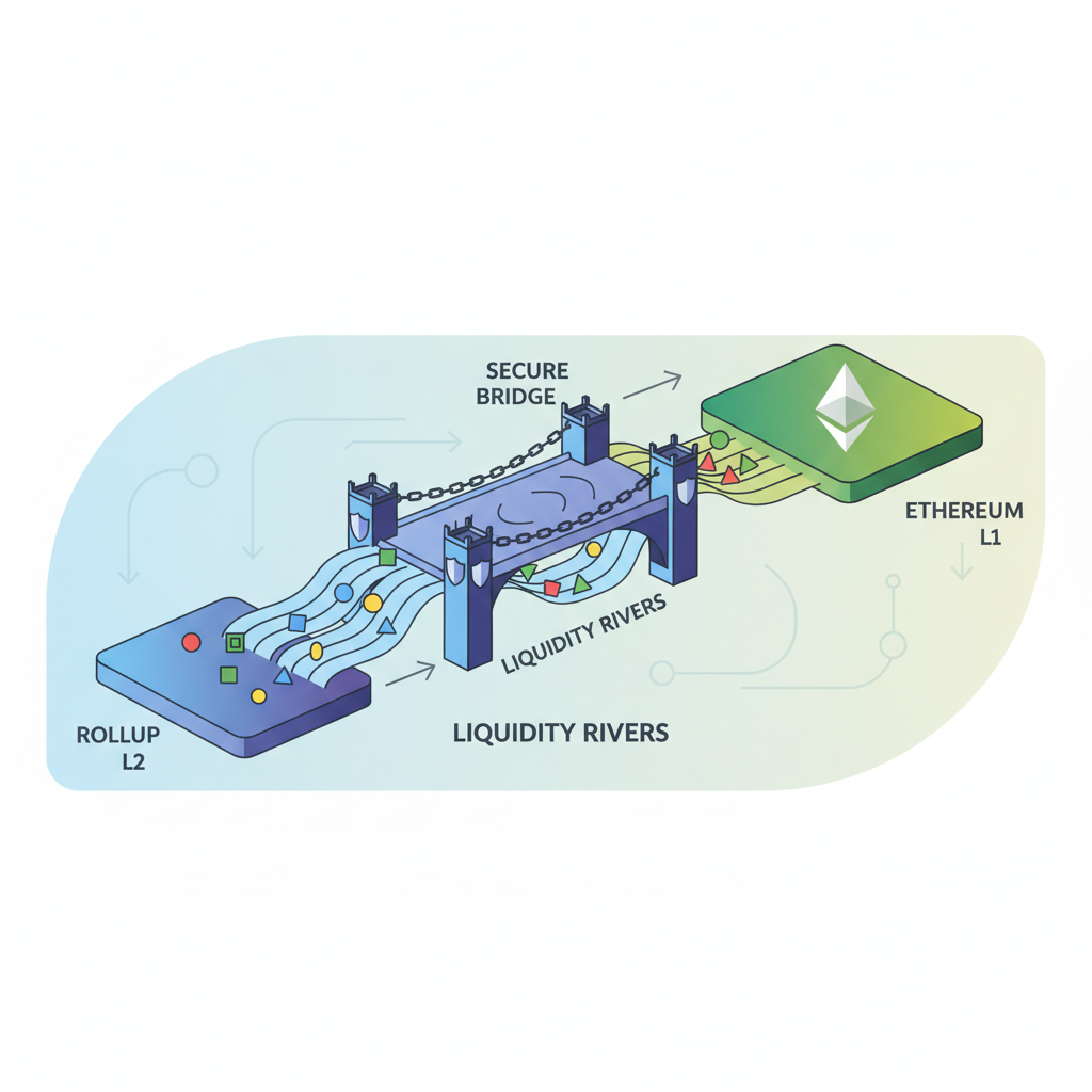 secure bridge connecting rollup L2 to Ethereum L1, tokens flowing liquidity rivers