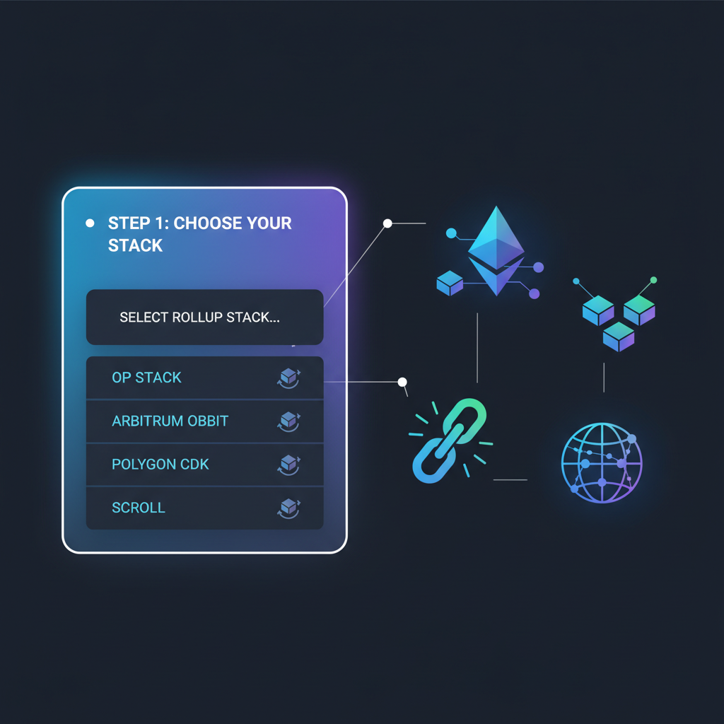 dropdown menu selecting rollup stacks like OP Stack and Arbitrum, glowing blockchain icons, dark mode UI