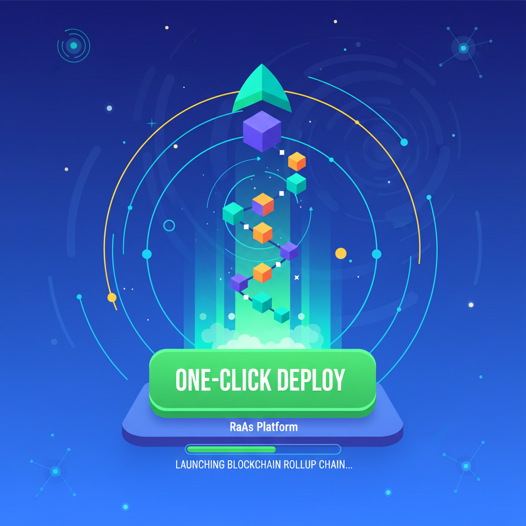 big green one-click deploy button on RaaS platform, success animation launching blockchain rollup chain, vibrant tech style