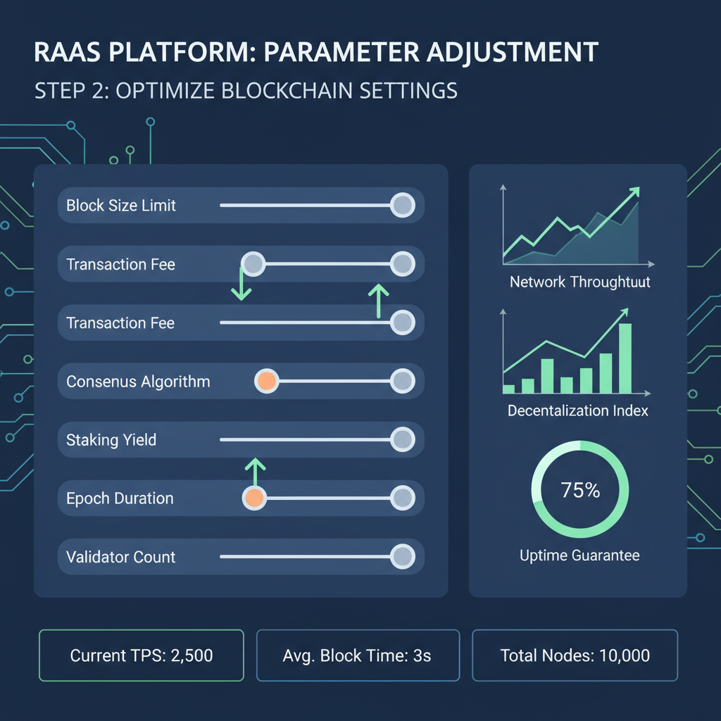 adjusting blockchain parameters sliders on RaaS platform dashboard, graphs and metrics, high-tech interface