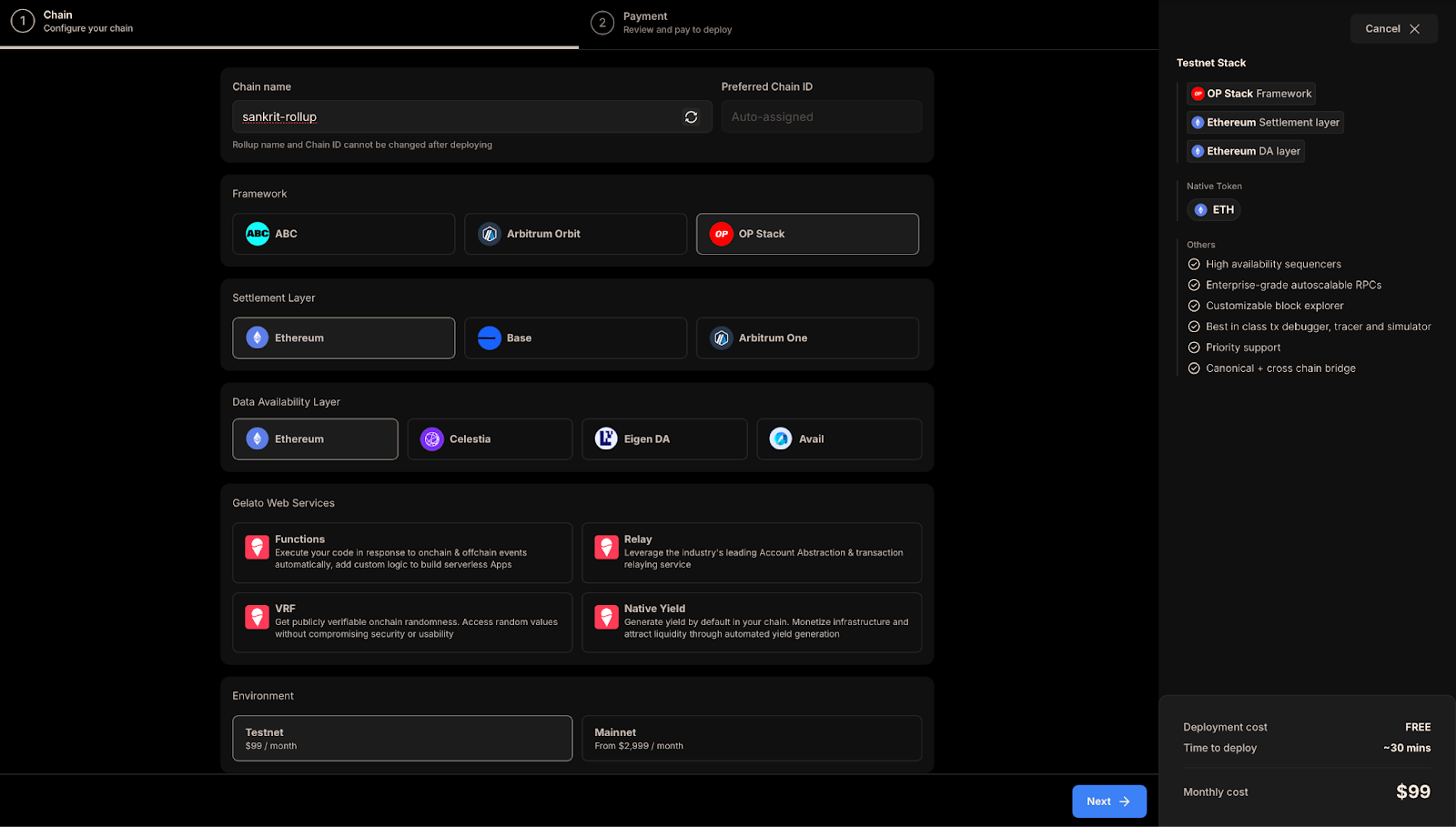 Developer using a modern Rollup-As-A-Service dashboard to instantly deploy a Web3 appchain, showcasing blockchain deployment interface and scalability features.