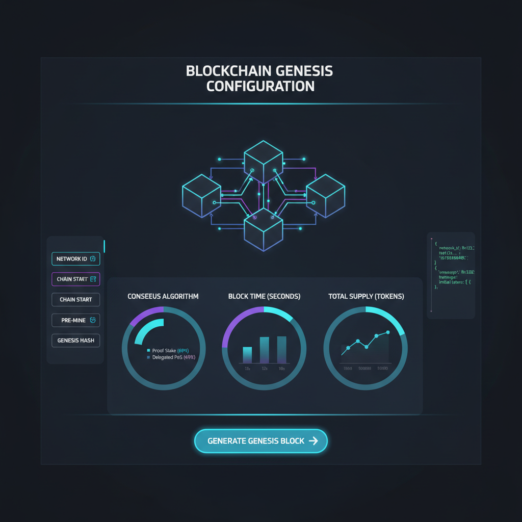 futuristic dashboard configuring blockchain genesis specs, neon UI, charts