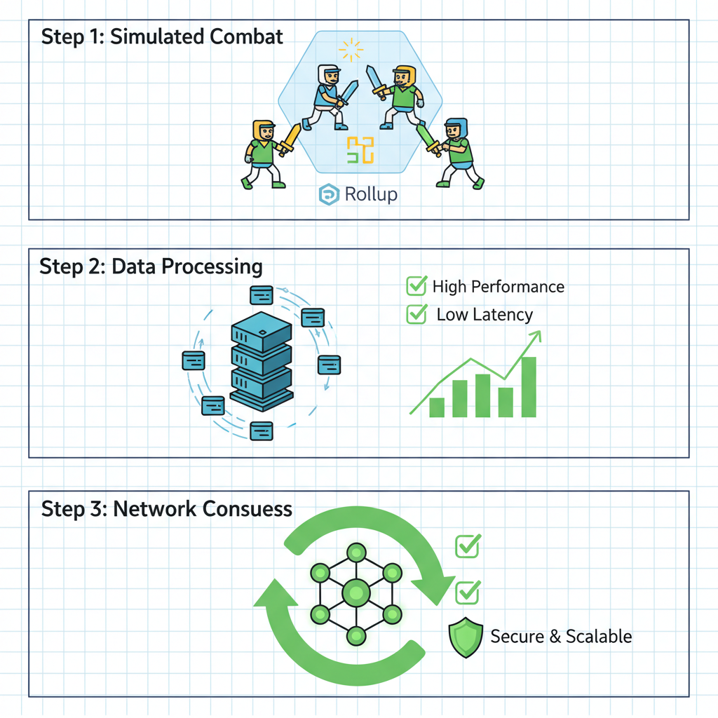 sandbox testing rollup with simulated gamers battling, performance graphs green checks