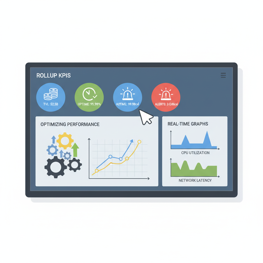 Monitoring dashboard with rollup KPIs TVL uptime alerts, graphs optimizing