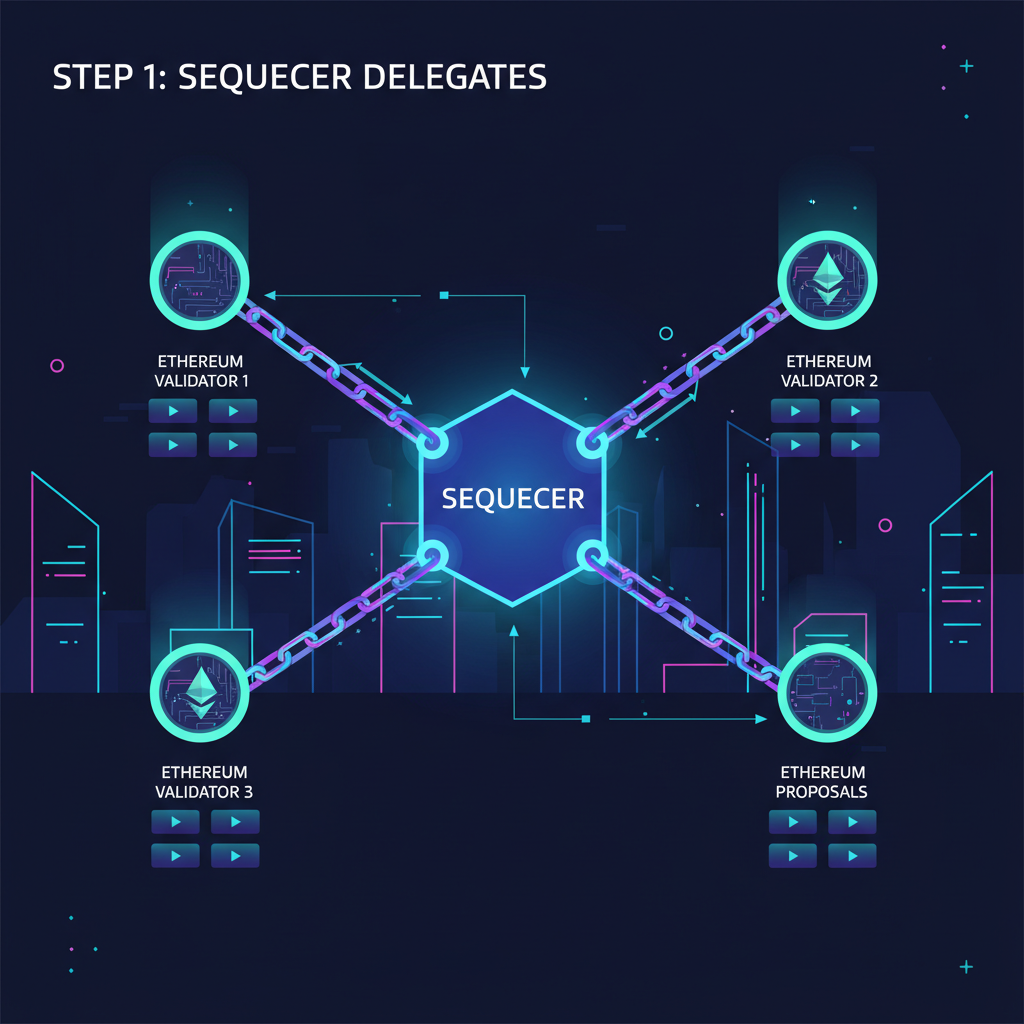 network diagram of sequencer delegation to Ethereum validators, glowing chains connecting nodes, cyberpunk style