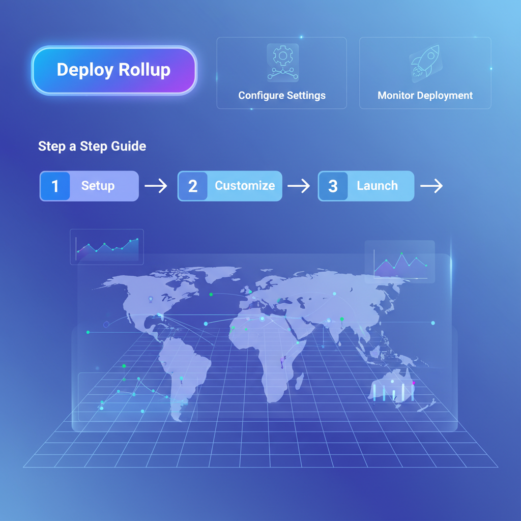 RaaS dashboard with prominent 'Deploy Rollup' button, modern interface, holographic elements
