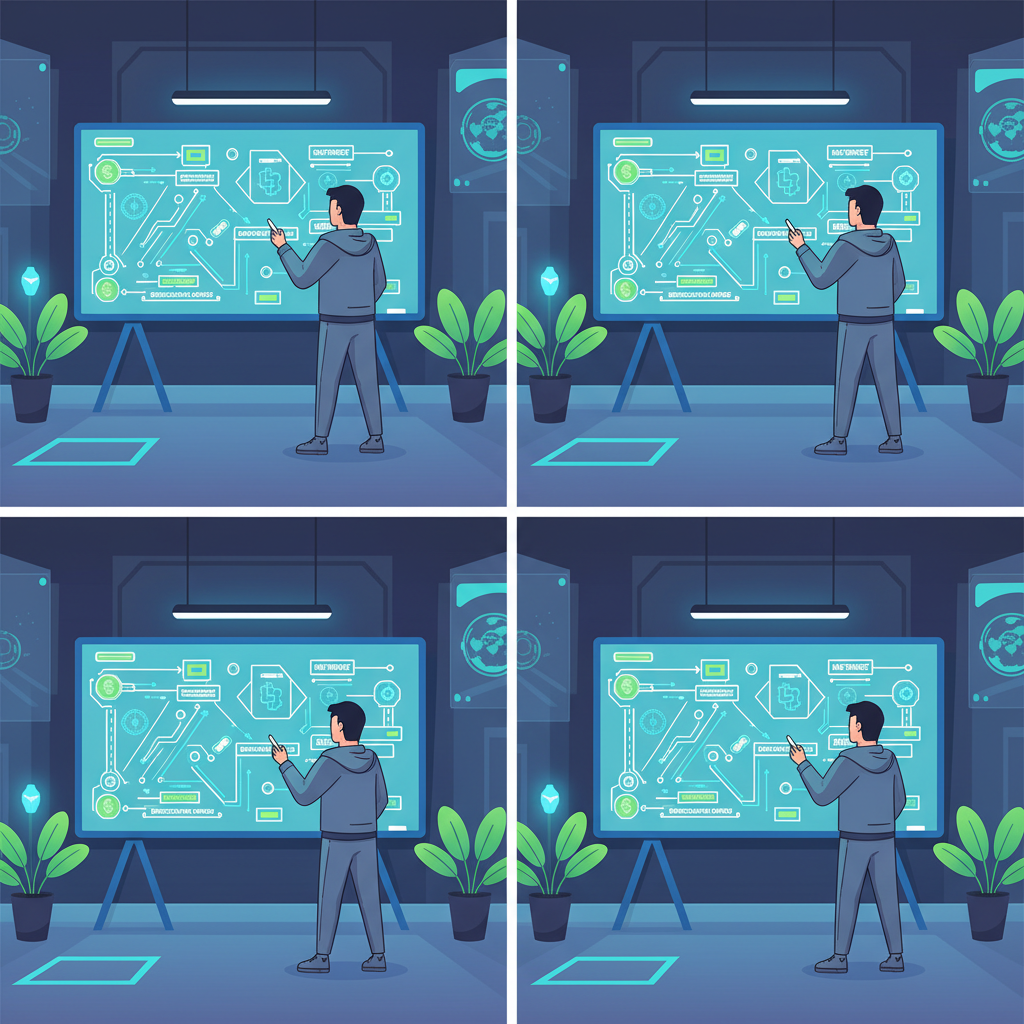 developer sketching DeFi app ideas on whiteboard, futuristic blockchain style, vibrant blues and greens