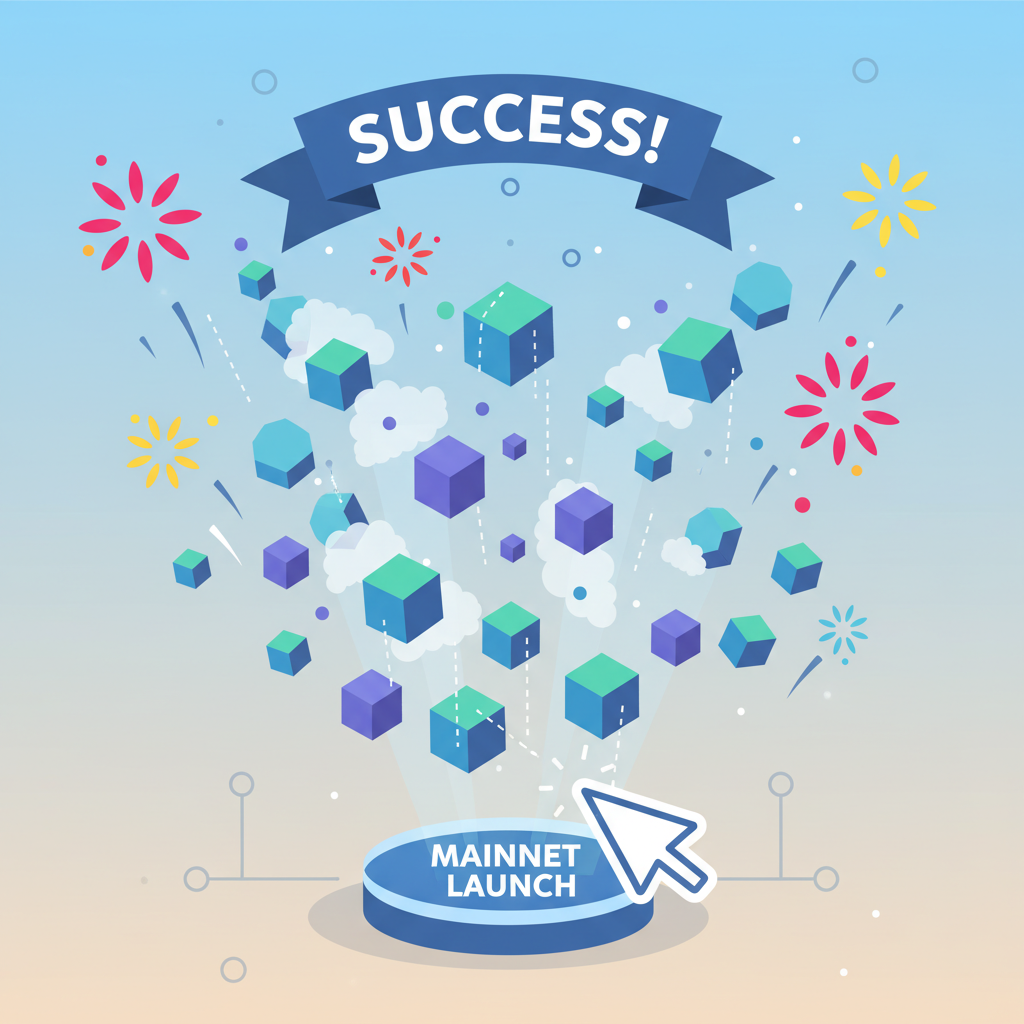 mainnet launch button pressed, exploding fireworks of blockchain blocks, vibrant success animation