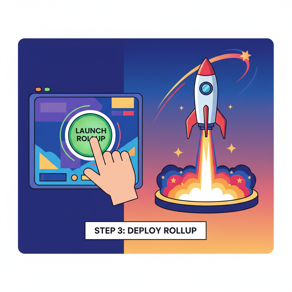 pressing launch button on rollup deployment screen, rocket blasting off, vibrant colors