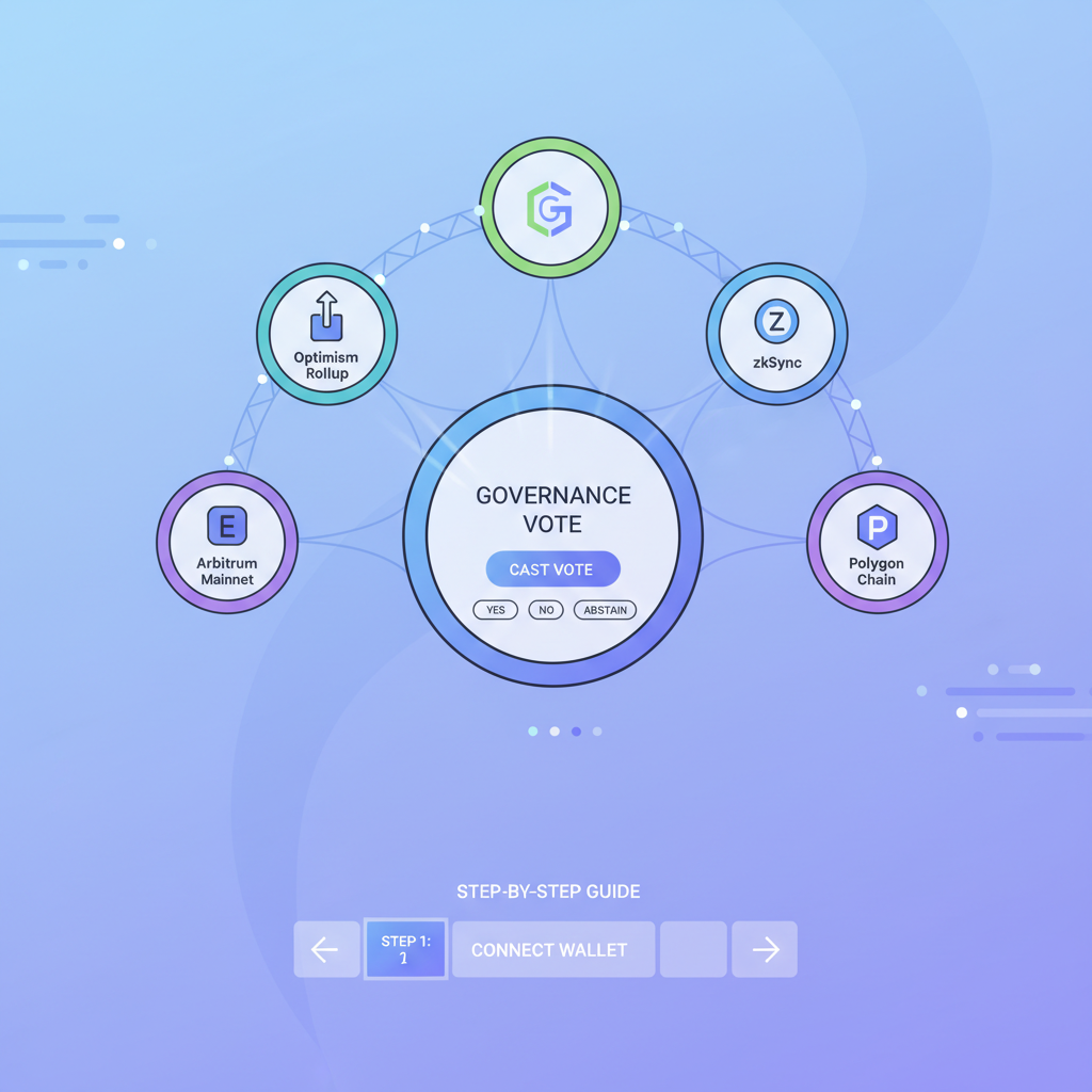 governance voting interface with bridges connecting rollups, interconnected chains art