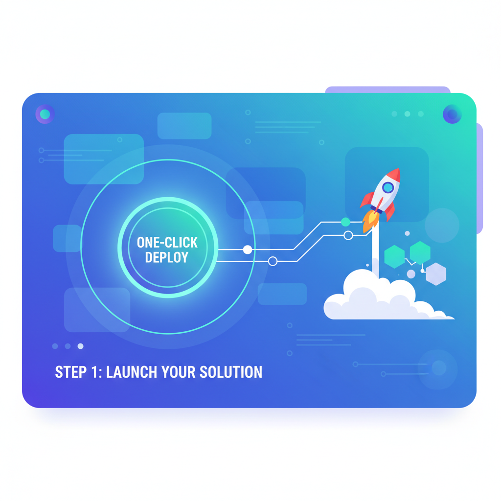one-click deploy button glowing on blockchain dashboard, rocket launching chain, vibrant digital art