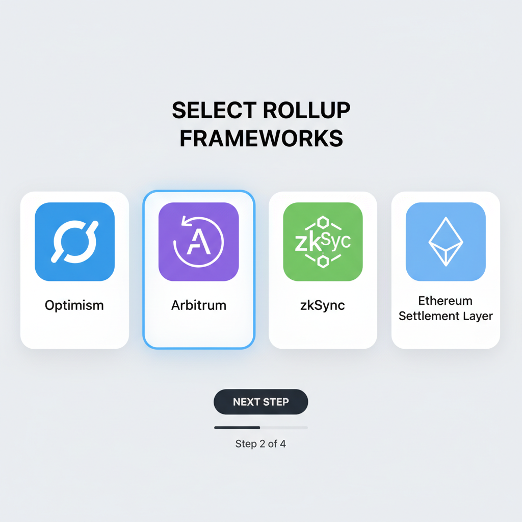 developer dashboard selecting rollup frameworks Optimism Arbitrum zkSync Ethereum settlement layer modern UI blockchain icons