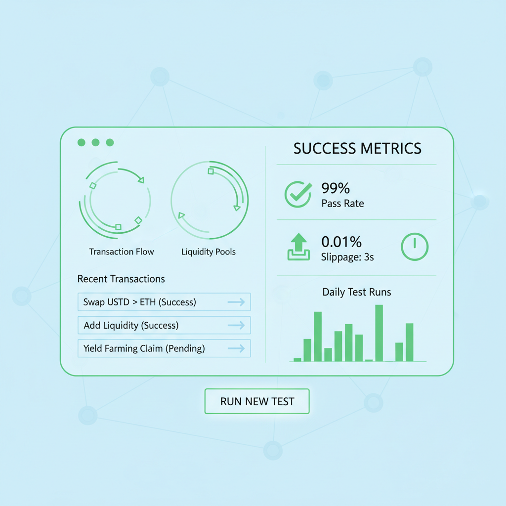 testing dashboard with DeFi transactions graphs, green success metrics virtual screen